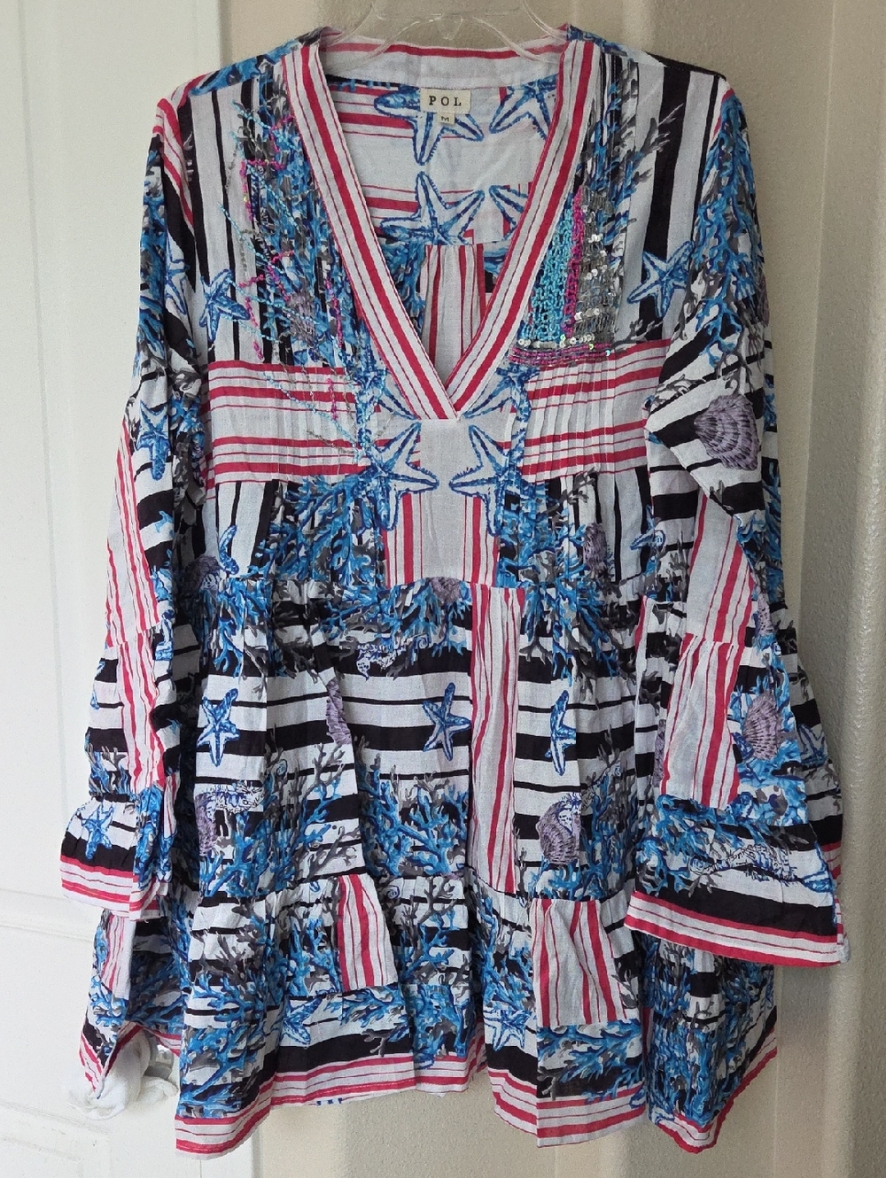 NWT POL Striped Floral Bell Sleeve Pintuck Dress Size M